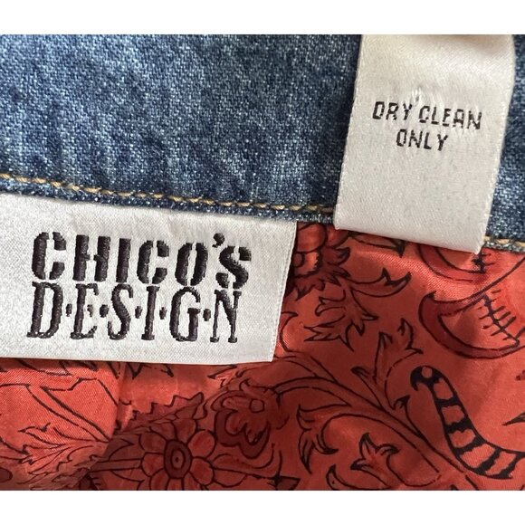 Chico’s Denim Jacket Women CHICO Size 3 Blue, Silk Lined Boho Loop Button - Picture 11 of 11